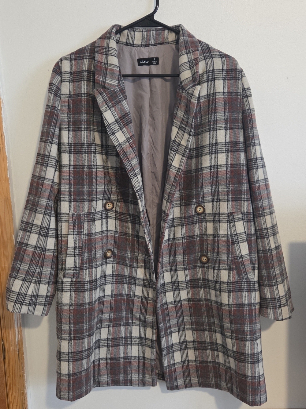 Akair Plaid Double-Breasted Pea Coat in Cream, Black, and Red